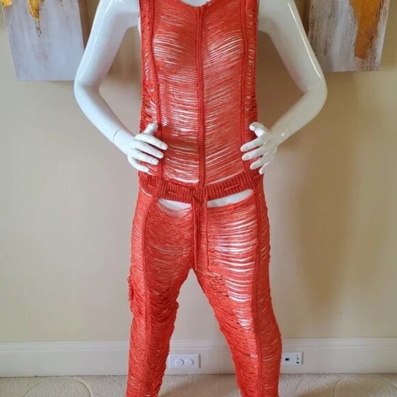 Crochet Orange Hollow Out One-Piece Bikini See Through Cover Up Jumpsuit SZ M - Picture 7 of 10